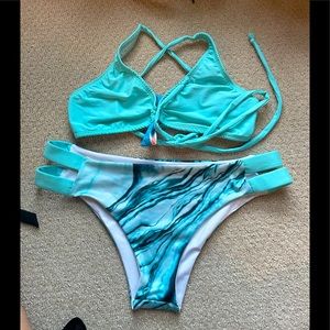 Turquoise Marble Print High Leg Cutout Bikini EUC